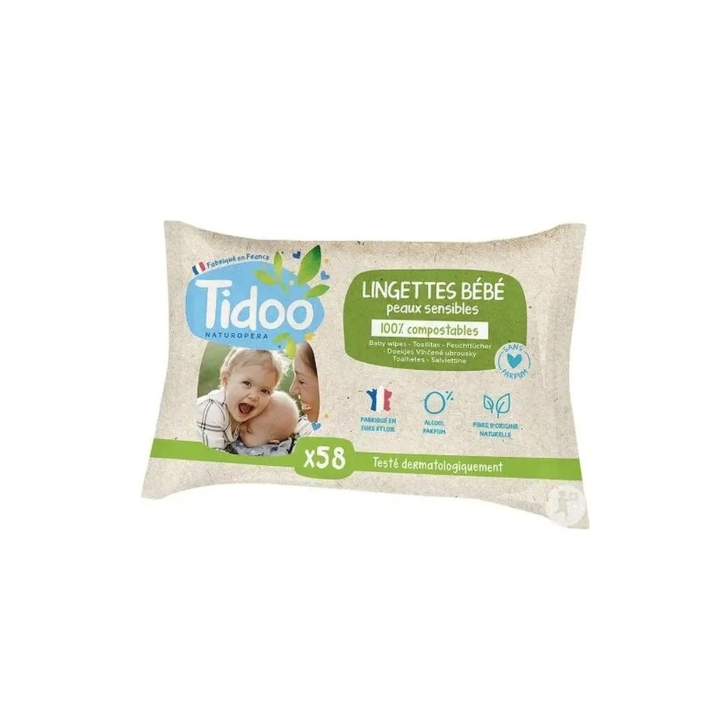 Lingette compostable sans parfum Tidoo 58pc