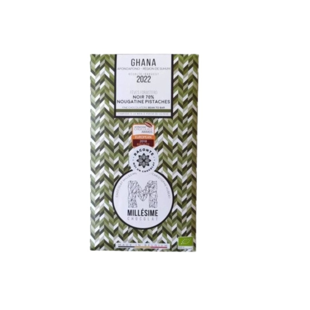Chocolat Noir 70% Nougatine Pistache Ghana 70g Millesime