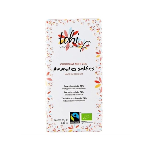 Chocolat Noir 74% Amandes Salees 70gr Tohi