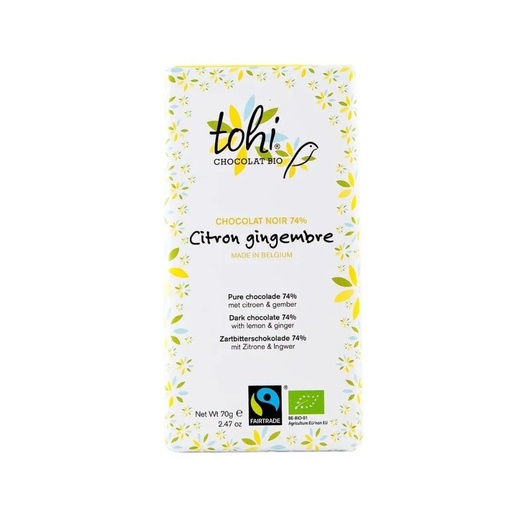 Chocolat Noir 74% Citron-Gingembre 70gr Tohi