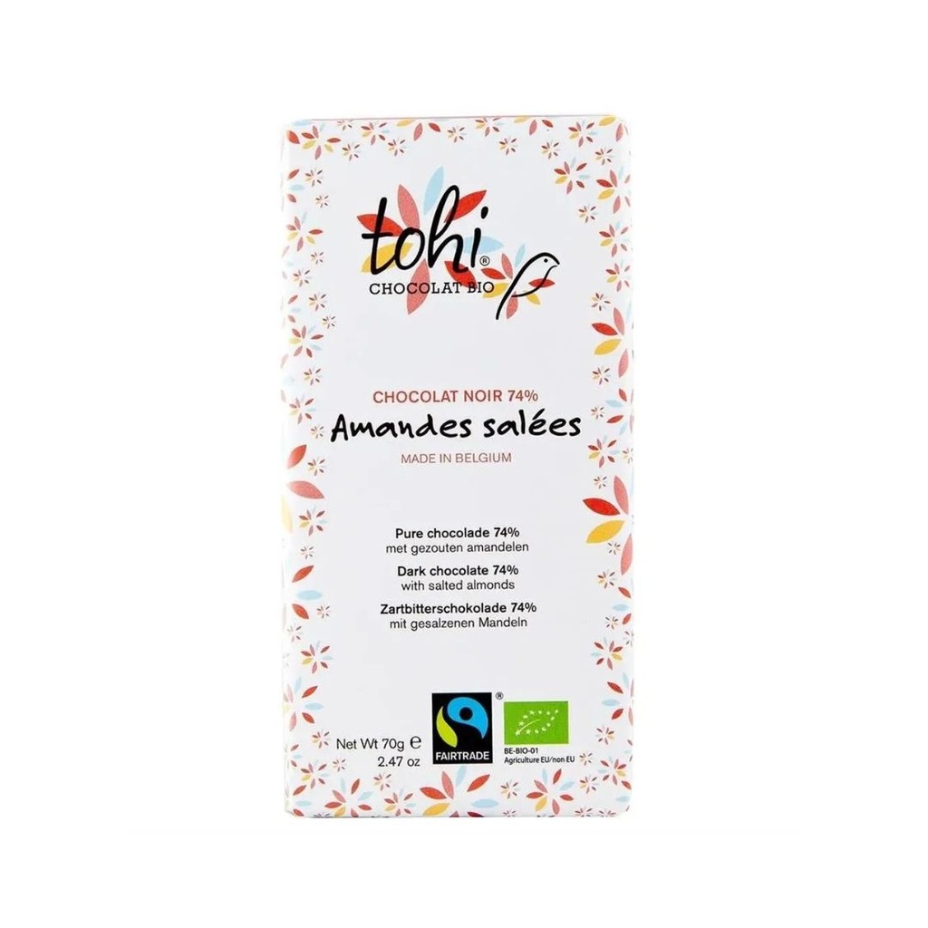 Chocolat Noir 74% Amandes Salees 70gr Tohi
